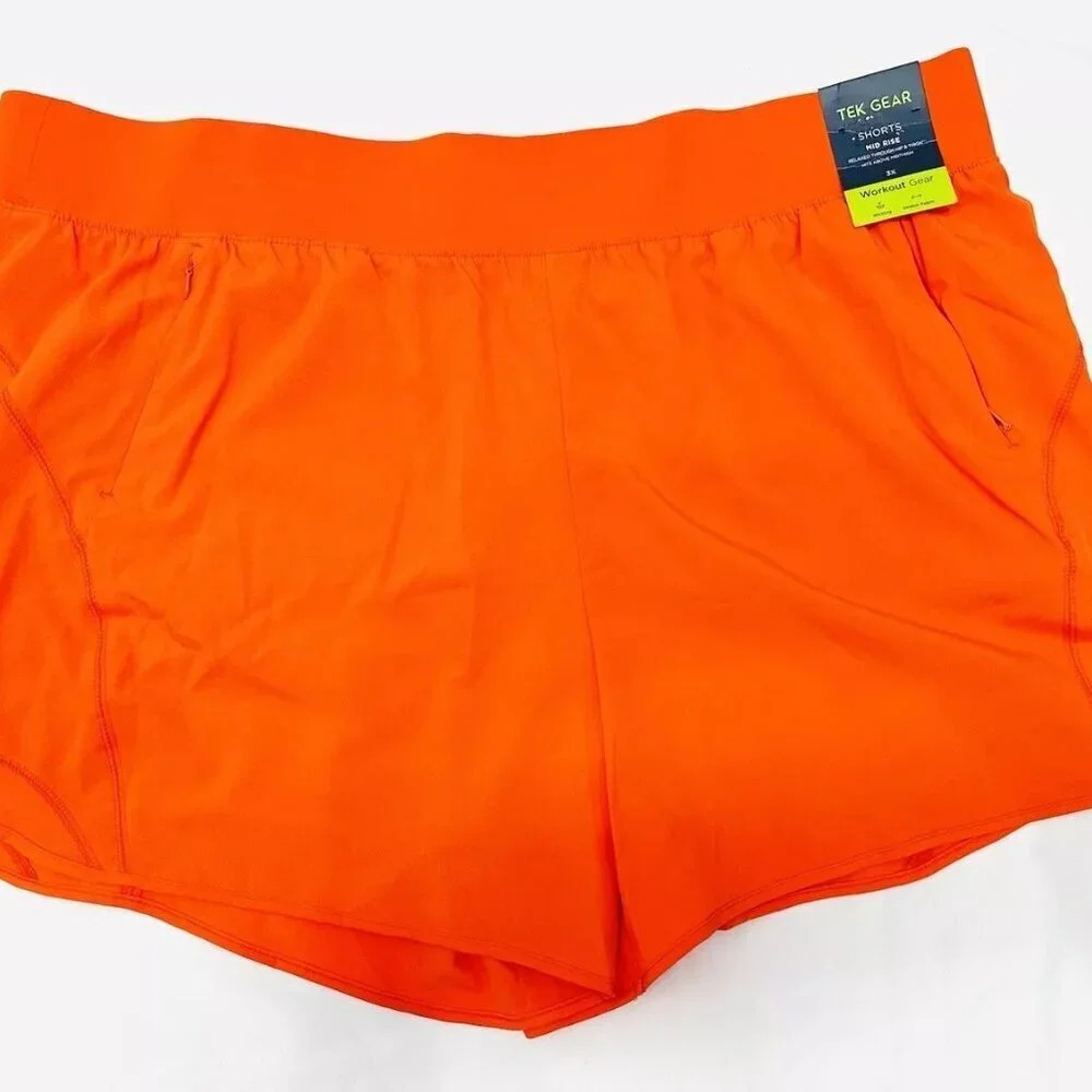 NWT TEK GEAR Women Mid Rise Drawstring Pockets Workout Orange Shorts Plus Sz 3X